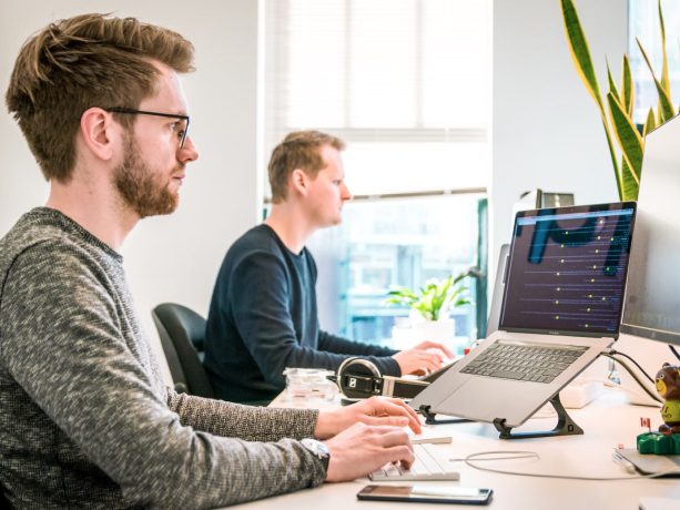 Two business developers in an office working on computers.