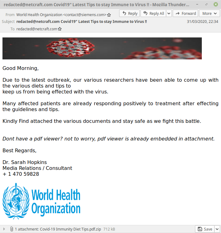 Email with a malware attachment claiming to be from the World Health Organisation