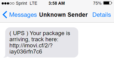 A scam text reading: ( UPS ) Your package is arriving, track here