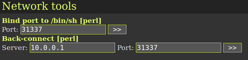 The WSO shell offers both bind shell and back connect options. Selecting one of these options will launch a standalone process that will connect to or listen for a connection from a remote command and control server - an easy method for the creation of a botnet.